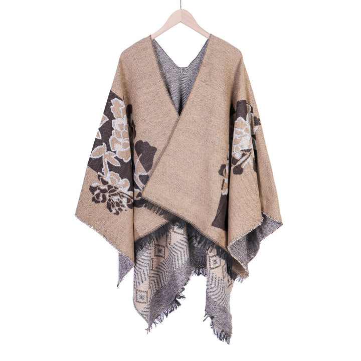 Women's Jacquard Ruana with floral motif, double-layered and fringed hem Mune Fashion