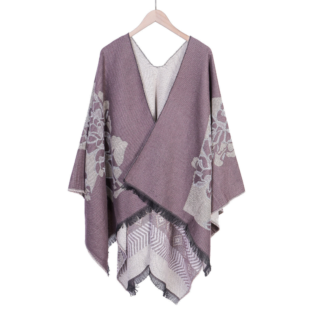 Women's Jacquard Ruana with floral motif, double-layered and fringed hem Mune Fashion