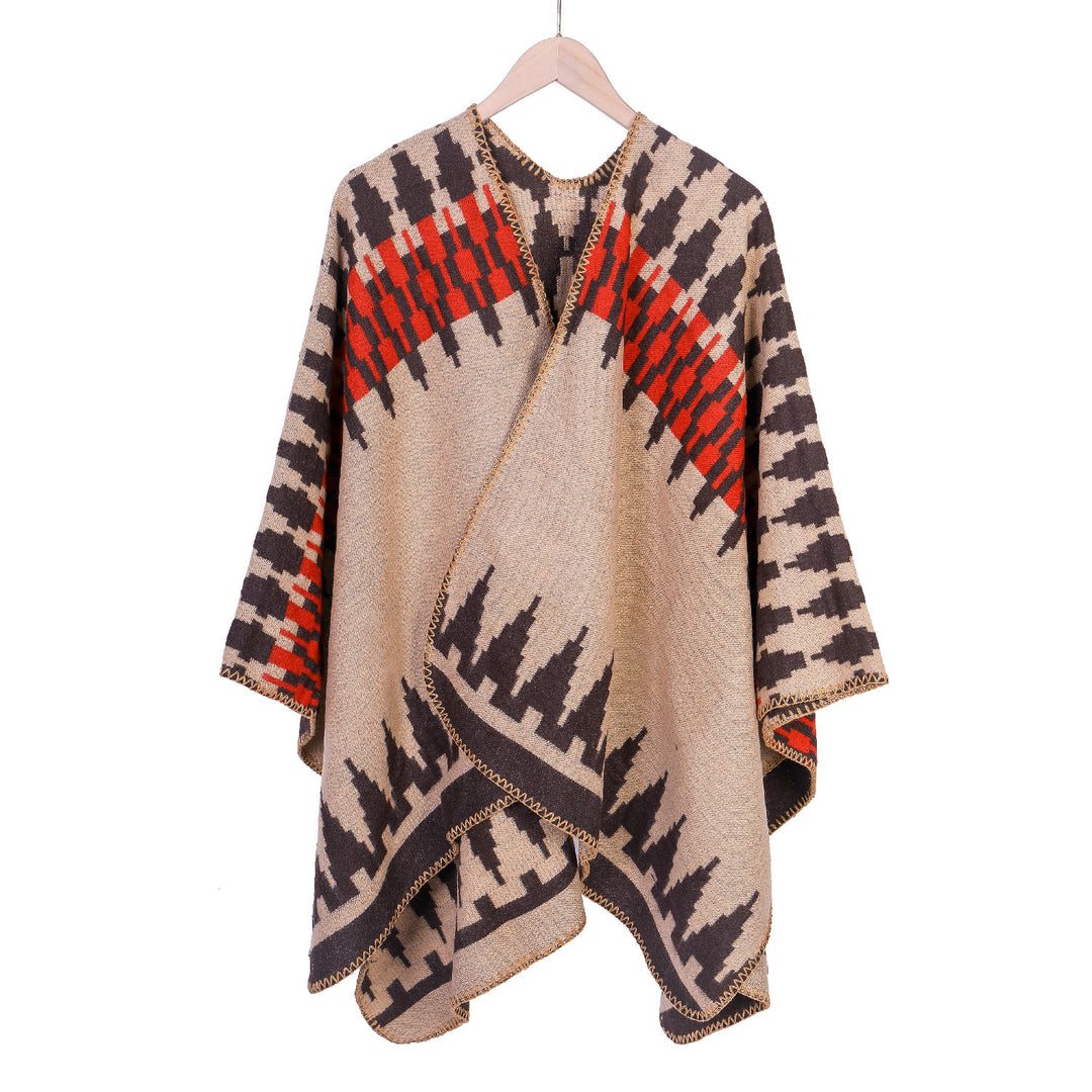 Women's jacquard knit ruana with geometric oversized fall and V-neck Mune Fashion