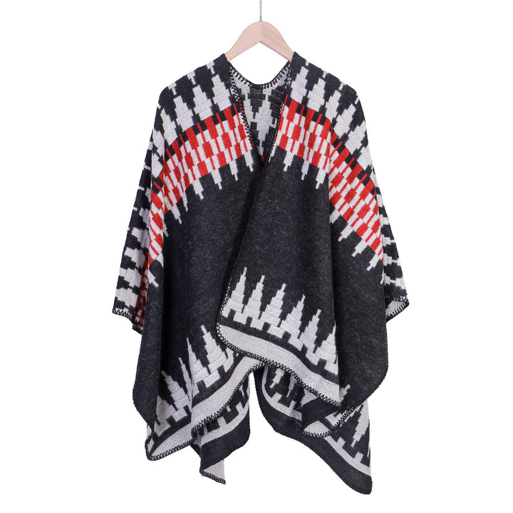 Women's jacquard knit ruana with geometric oversized fall and V-neck Mune Fashion
