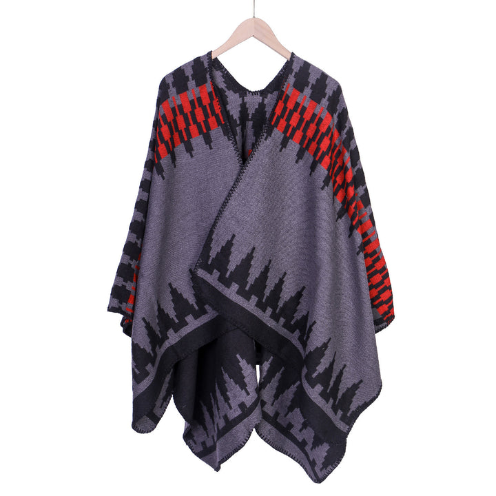 Women's jacquard knit ruana with geometric oversized fall and V-neck Mune Fashion