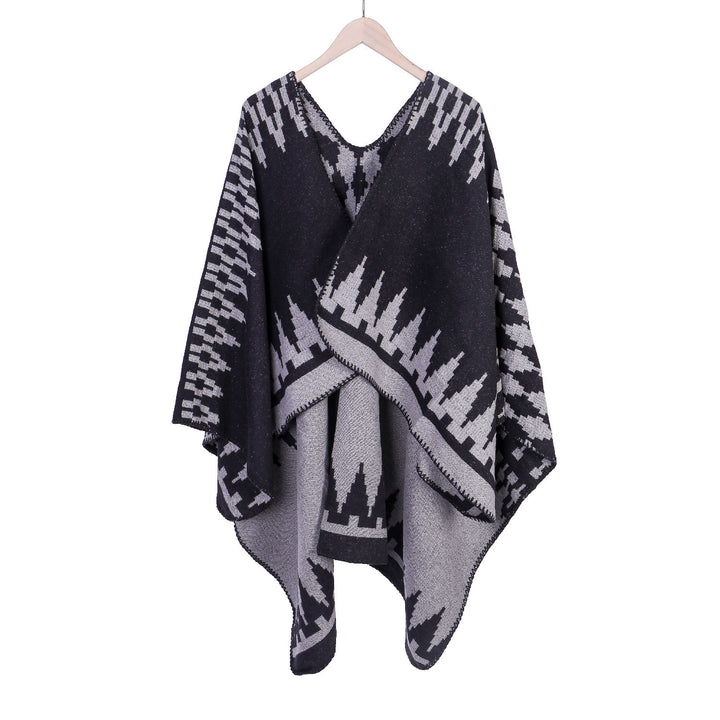 Women's jacquard knit ruana with geometric oversized fall and V-neck Mune Fashion