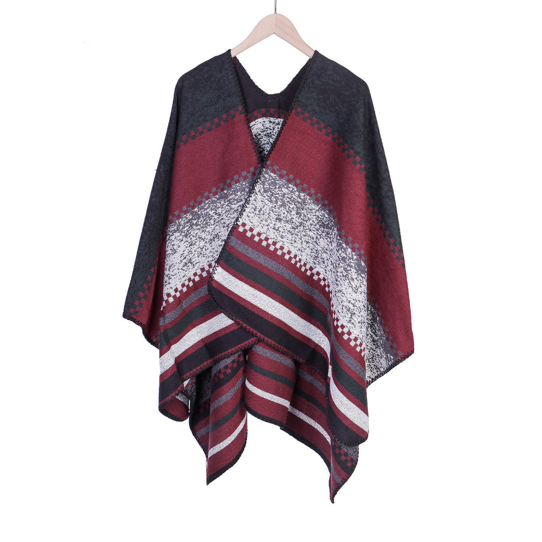 Women's Jacquard Ruana Poncho in Oversize with graphic stripe and ornament pattern Mune Fashion