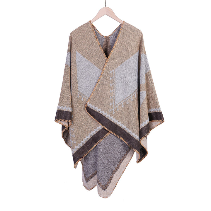 Women's Oversized Ruana in Ethno-Jacquard with V-Neck Mune Fashion