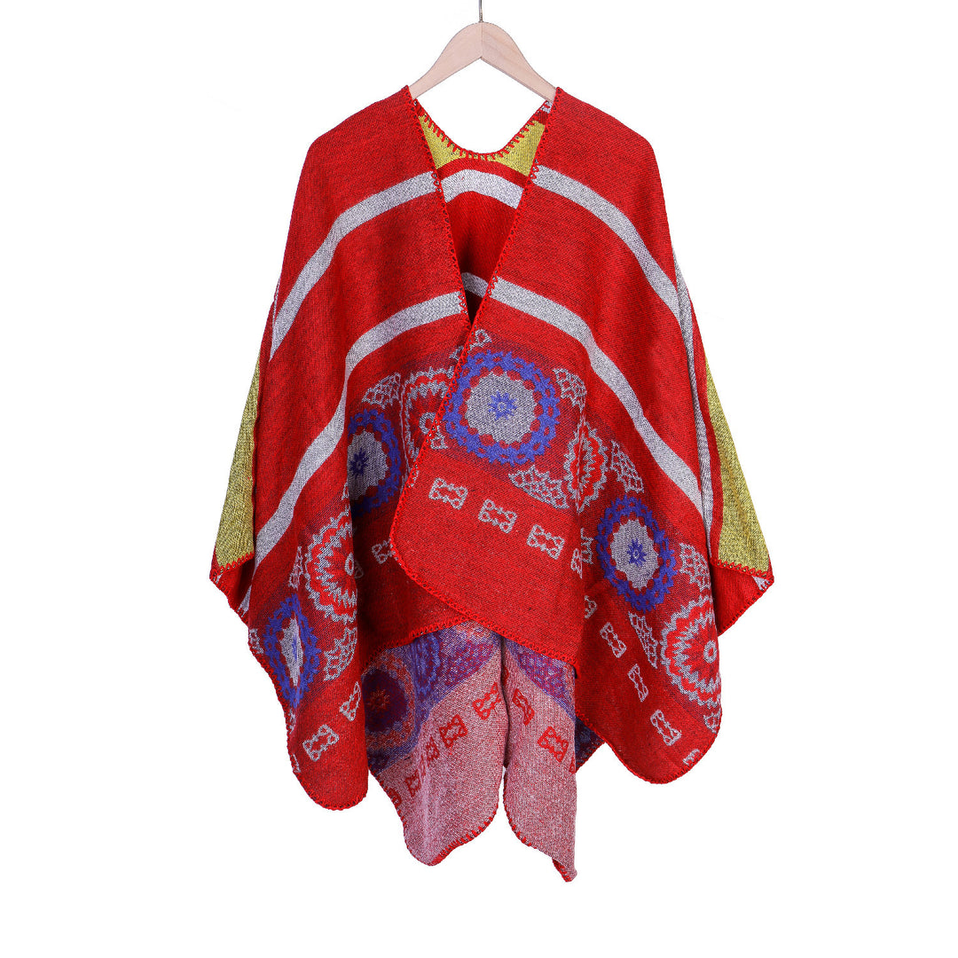 Women Oversize Ruana Poncho with V-neck and ornamental Jacquard weaving Mune Fashion