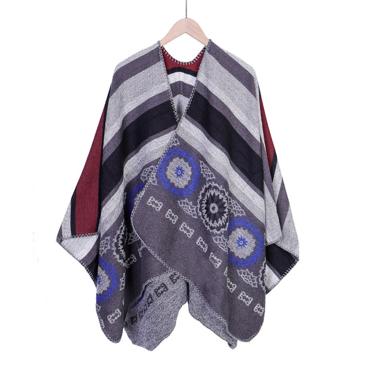 Women Oversize Ruana Poncho with V-neck and ornamental Jacquard weaving Mune Fashion