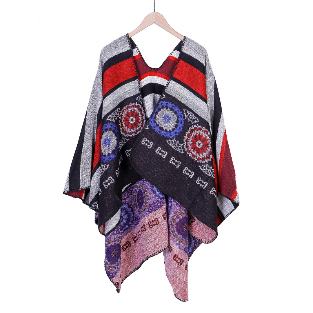 Women Oversize Ruana Poncho with V-neck and ornamental Jacquard weaving Mune Fashion
