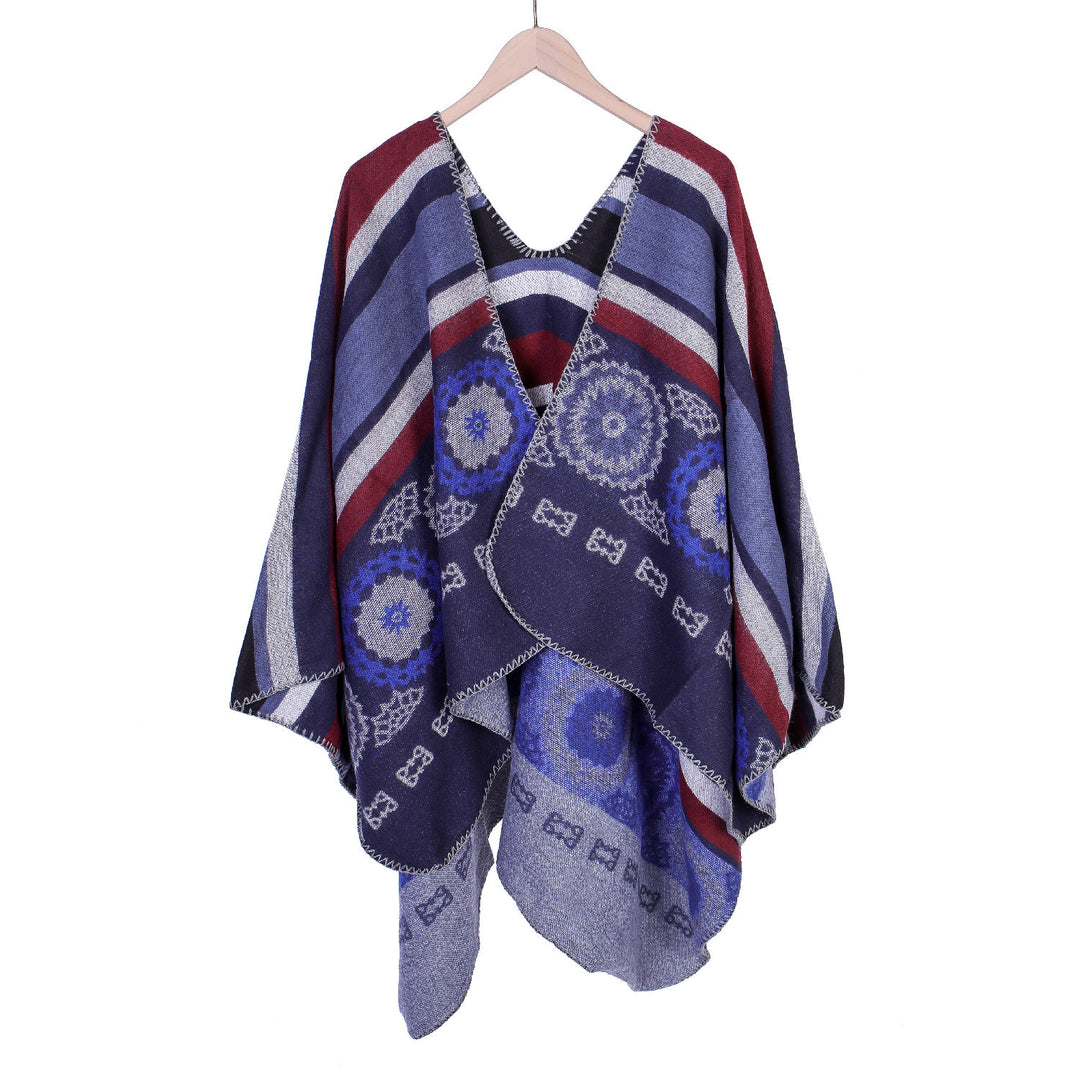 Women Oversize Ruana Poncho with V-neck and ornamental Jacquard weaving Mune Fashion