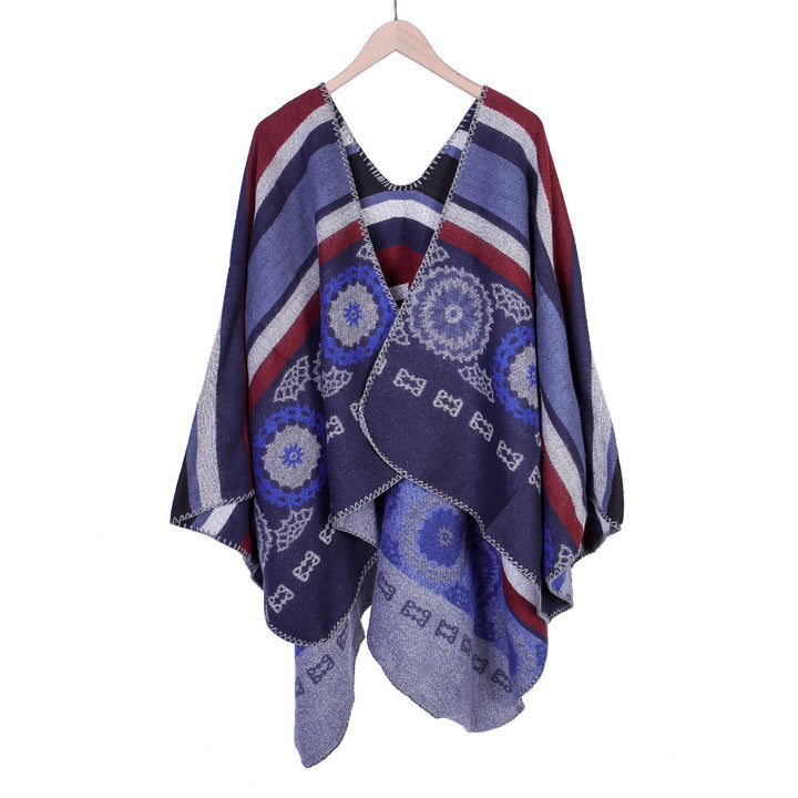 Women Oversize Ruana Poncho with V-neck and ornamental Jacquard weaving Mune Fashion