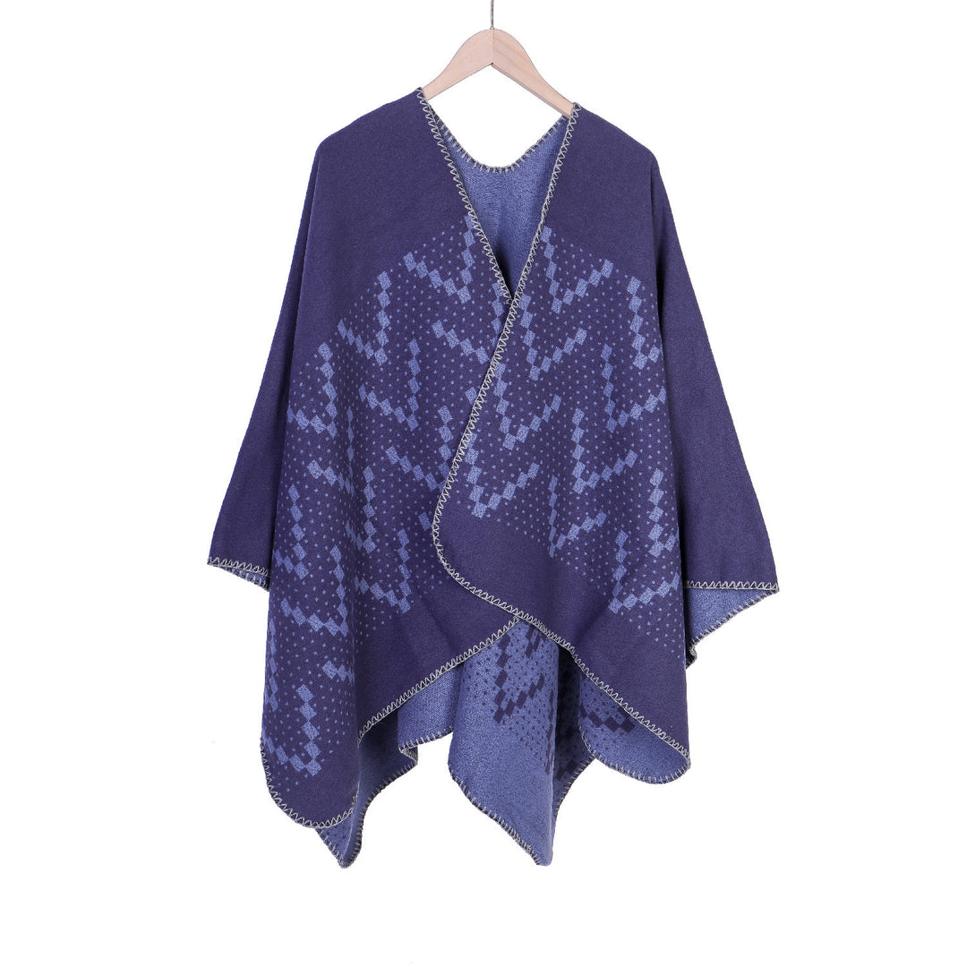 Women's jacquard wrap ruana with geometric pattern and open kimono silhouette Mune Fashion