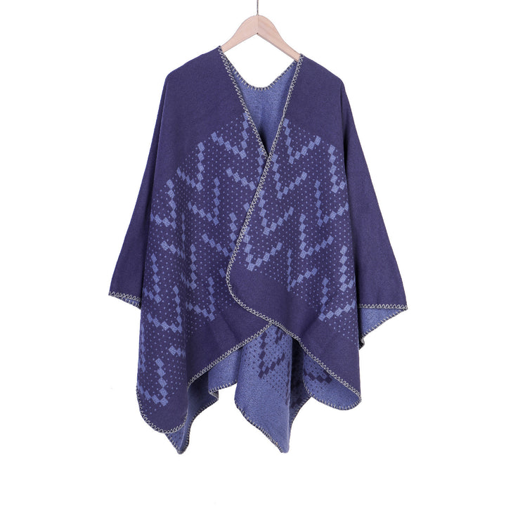 Women's jacquard wrap ruana with geometric pattern and open kimono silhouette Mune Fashion