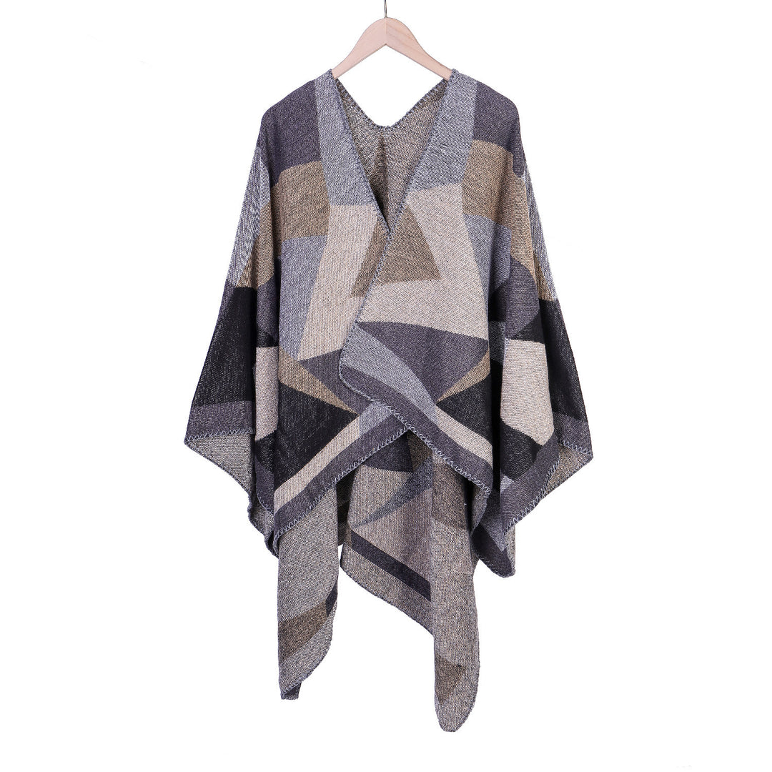 Women's Chunky Knit Oversized Ruana with Graphic Block Pattern and Asymmetrical Pointed Hem Mune Fashion