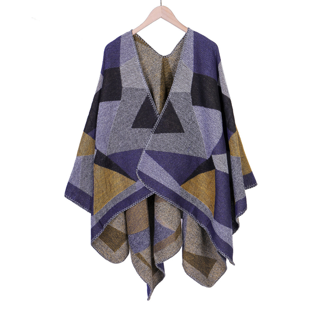 Women's Chunky Knit Oversized Ruana with Graphic Block Pattern and Asymmetrical Pointed Hem Mune Fashion