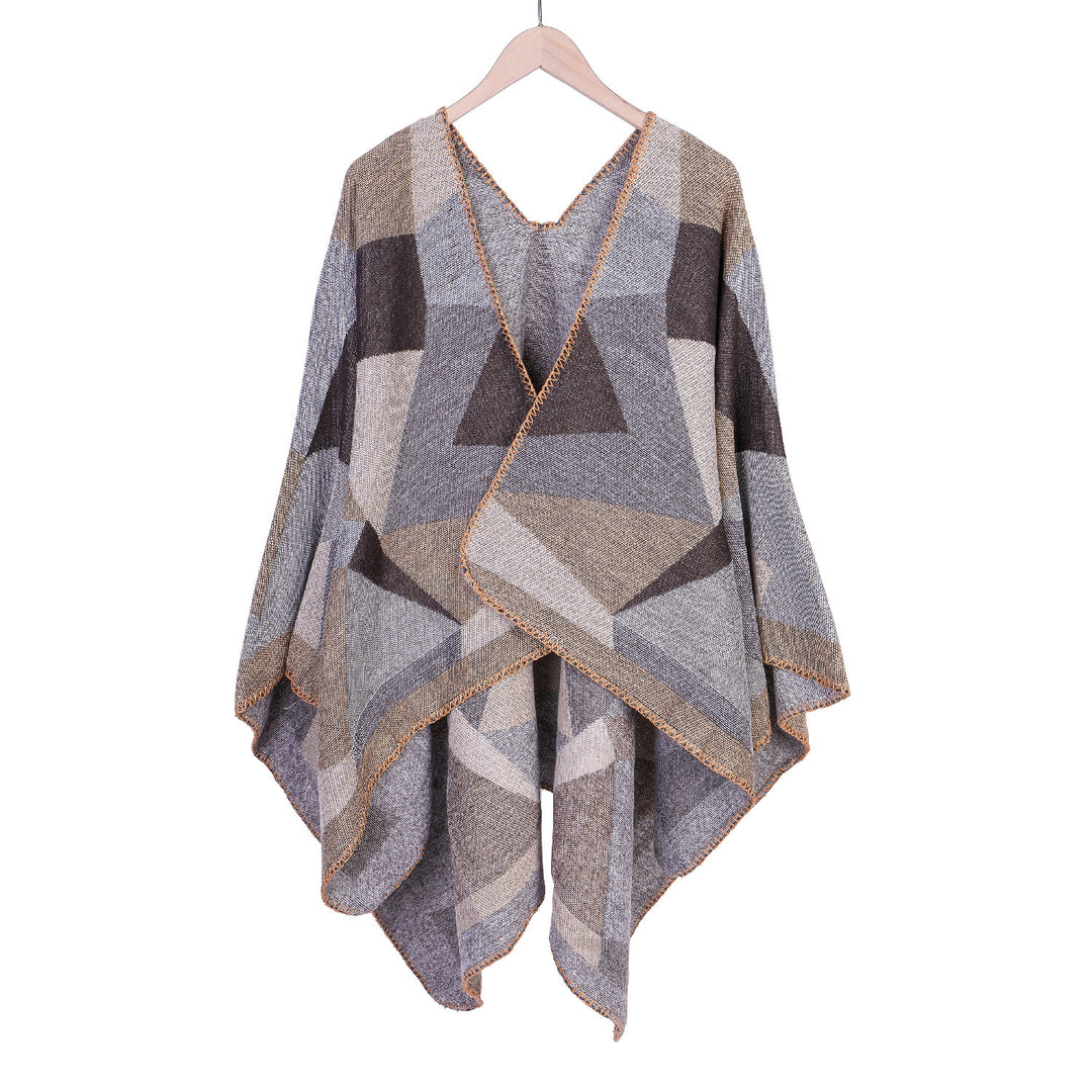 Women's Chunky Knit Oversized Ruana with Graphic Block Pattern and Asymmetrical Pointed Hem Mune Fashion