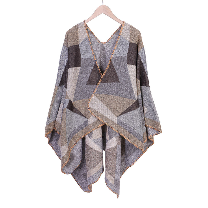 Women's Chunky Knit Oversized Ruana with Graphic Block Pattern and Asymmetrical Pointed Hem Mune Fashion