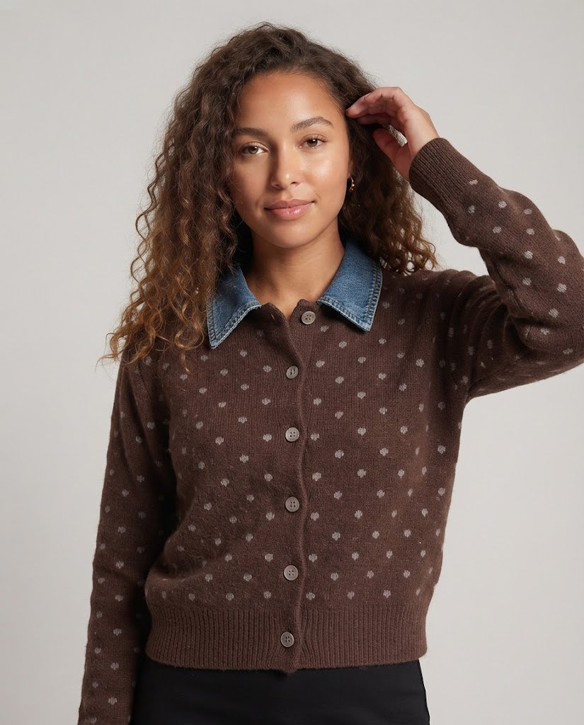 Women's Polka Dot Cardigan with Denim Collar and Button Placket Mune Fashion