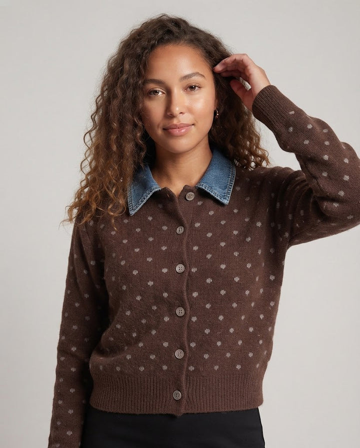 Women's Polka Dot Cardigan with Denim Collar and Button Placket Mune Fashion