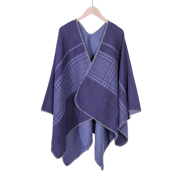Women Jacquard wool blend ruana with open kimono fall and decorative overlock seam Mune Fashion