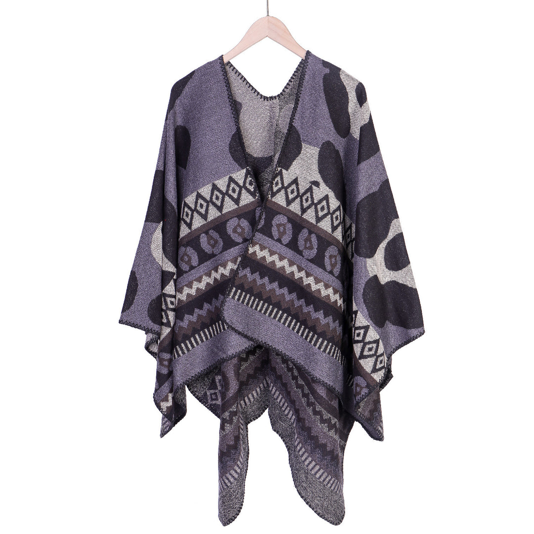 Women Jacquard Ruana Poncho with Ethno Jacquard and open oversized fall Mune Fashion