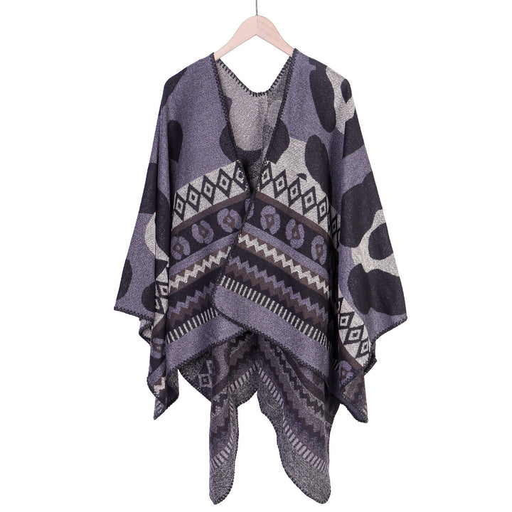 Women Jacquard Ruana Poncho with Ethno Jacquard and open oversized fall Mune Fashion