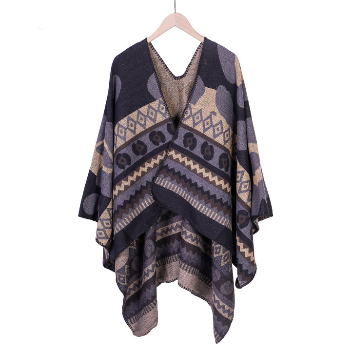 Women Jacquard Ruana Poncho with Ethno Jacquard and open oversized fall Mune Fashion