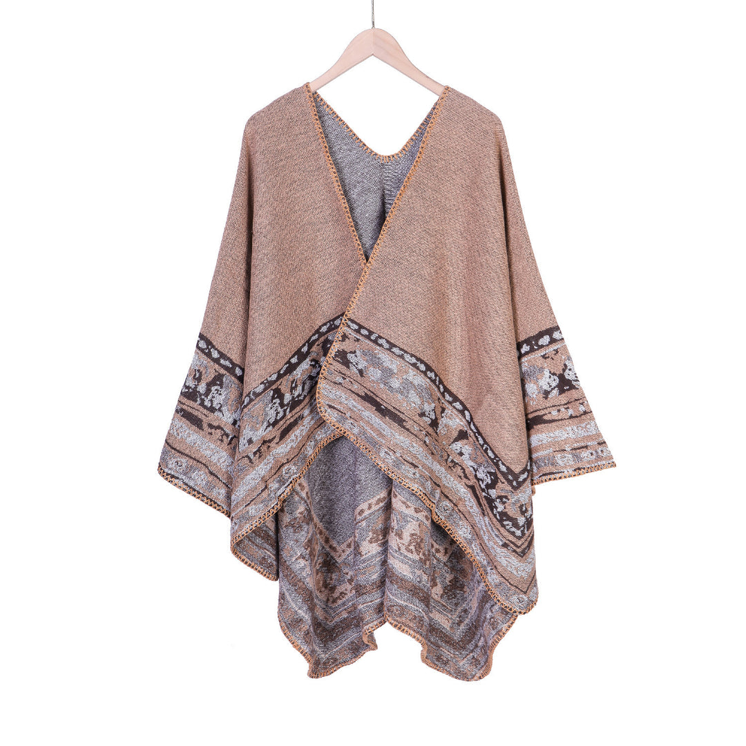 Women Soft-Falling Oversize Ruana in Cloak Style with Ornamental Border Mune Fashion