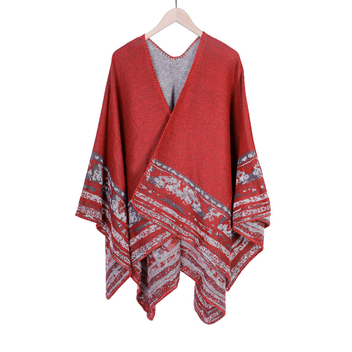 Women Soft-Falling Oversize Ruana in Cloak Style with Ornamental Border Mune Fashion