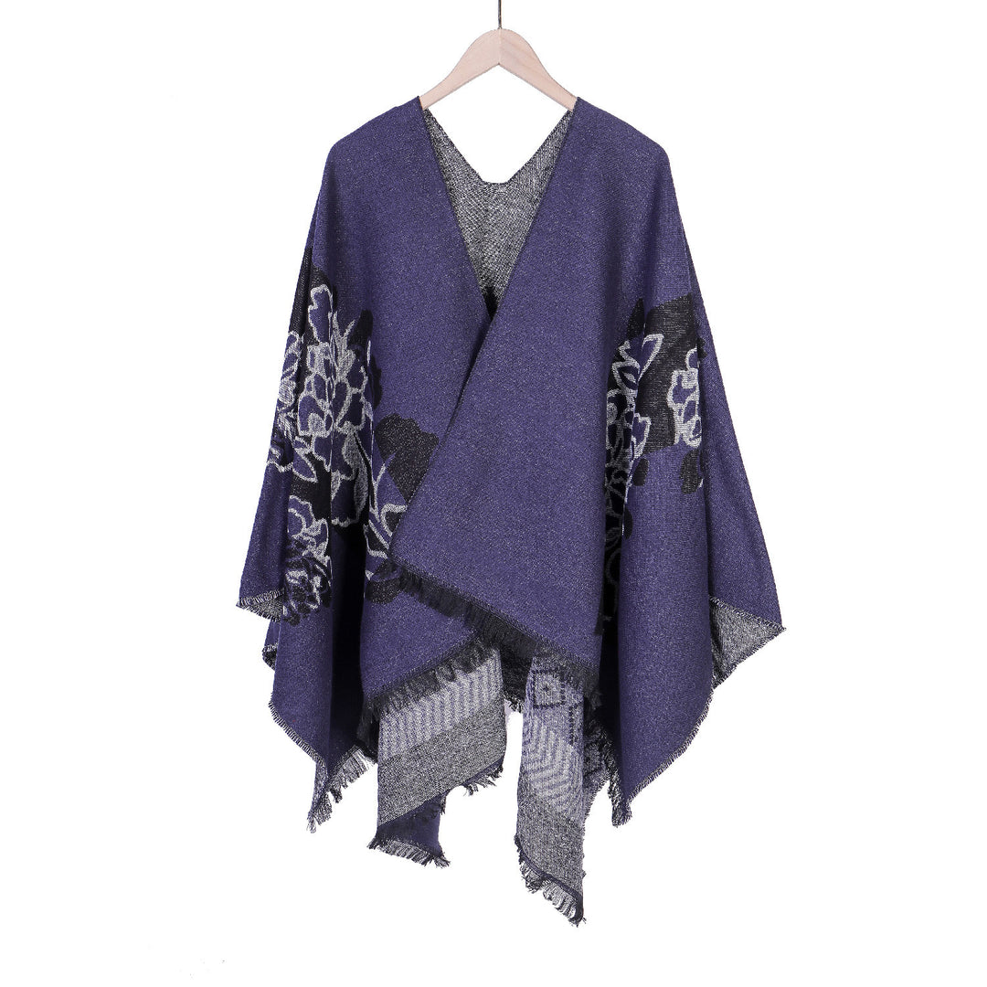 Women's Jacquard Ruana with floral motif, double-layered and fringed hem Mune Fashion
