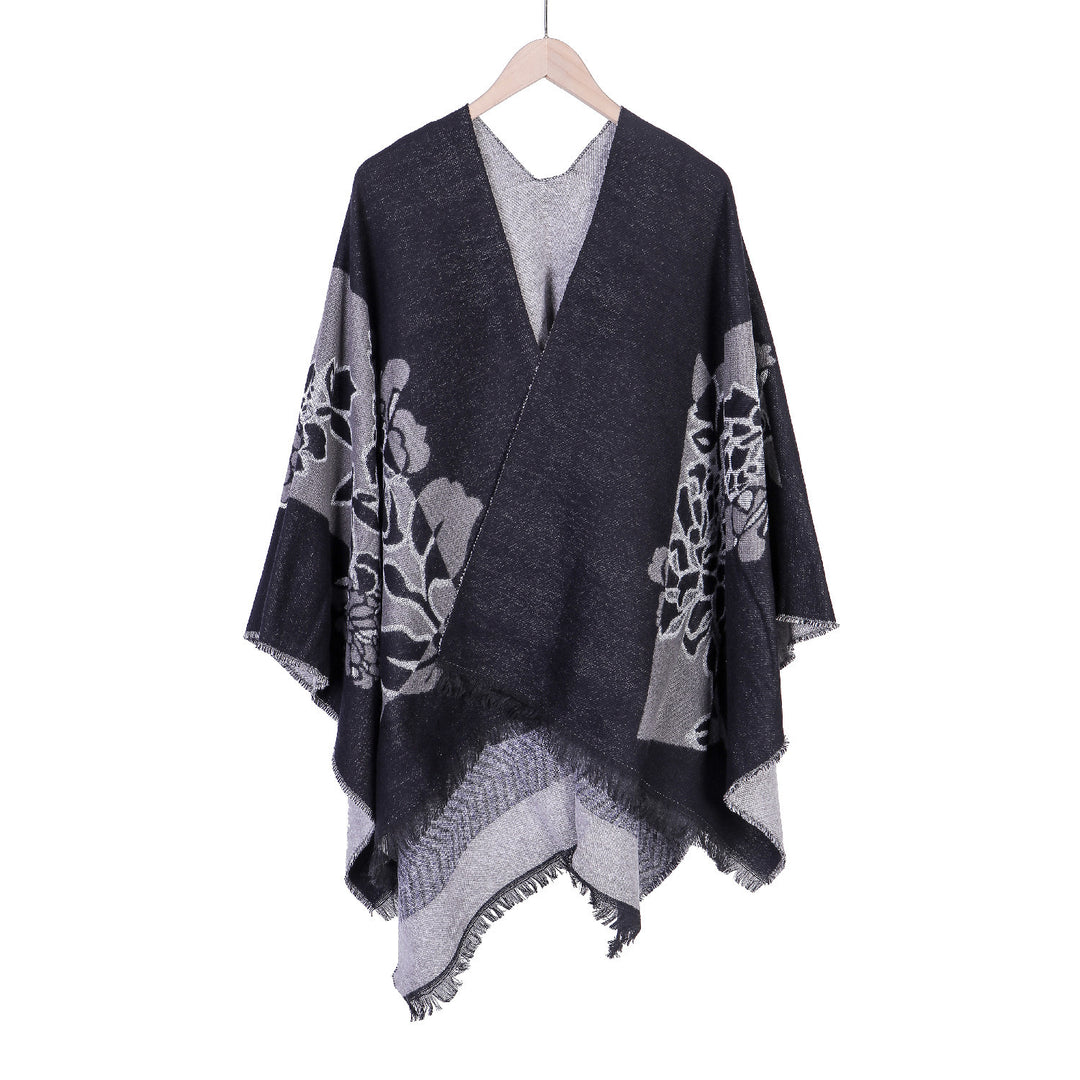 Women's Jacquard Ruana with floral motif, double-layered and fringed hem Mune Fashion