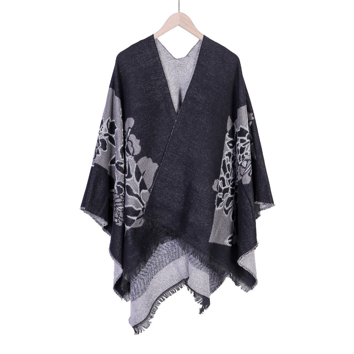 Women's Jacquard Ruana with floral motif, double-layered and fringed hem Mune Fashion