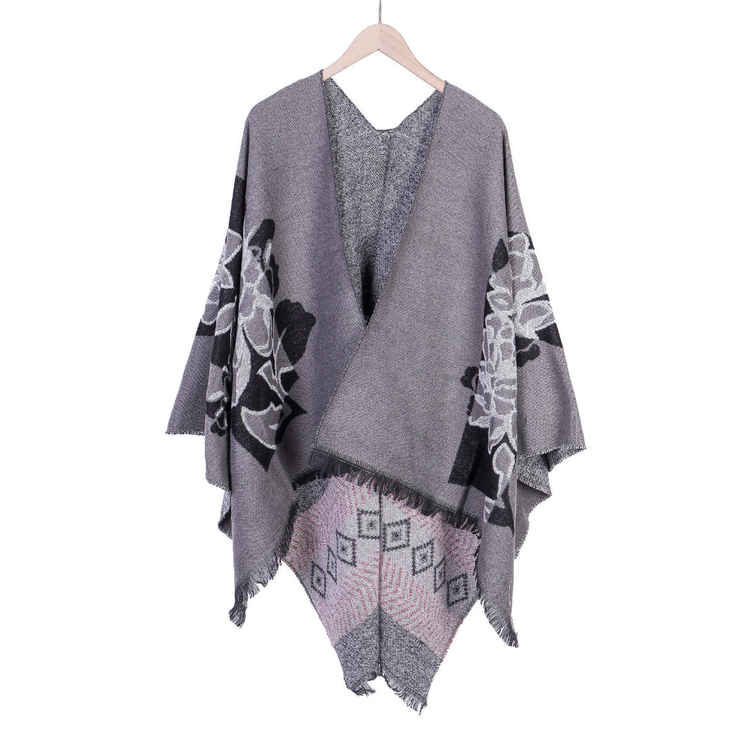 Women's Jacquard Ruana with floral motif, double-layered and fringed hem Mune Fashion