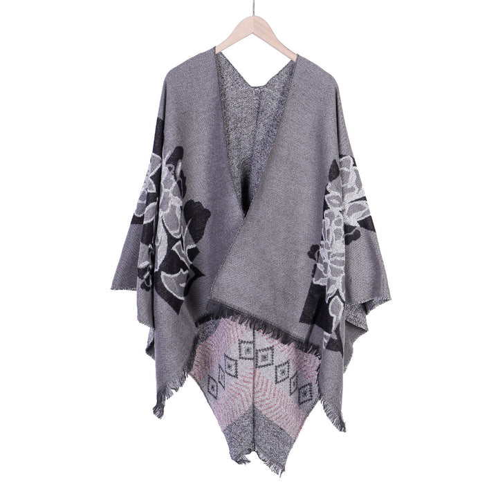 Women's Jacquard Ruana with floral motif, double-layered and fringed hem Mune Fashion