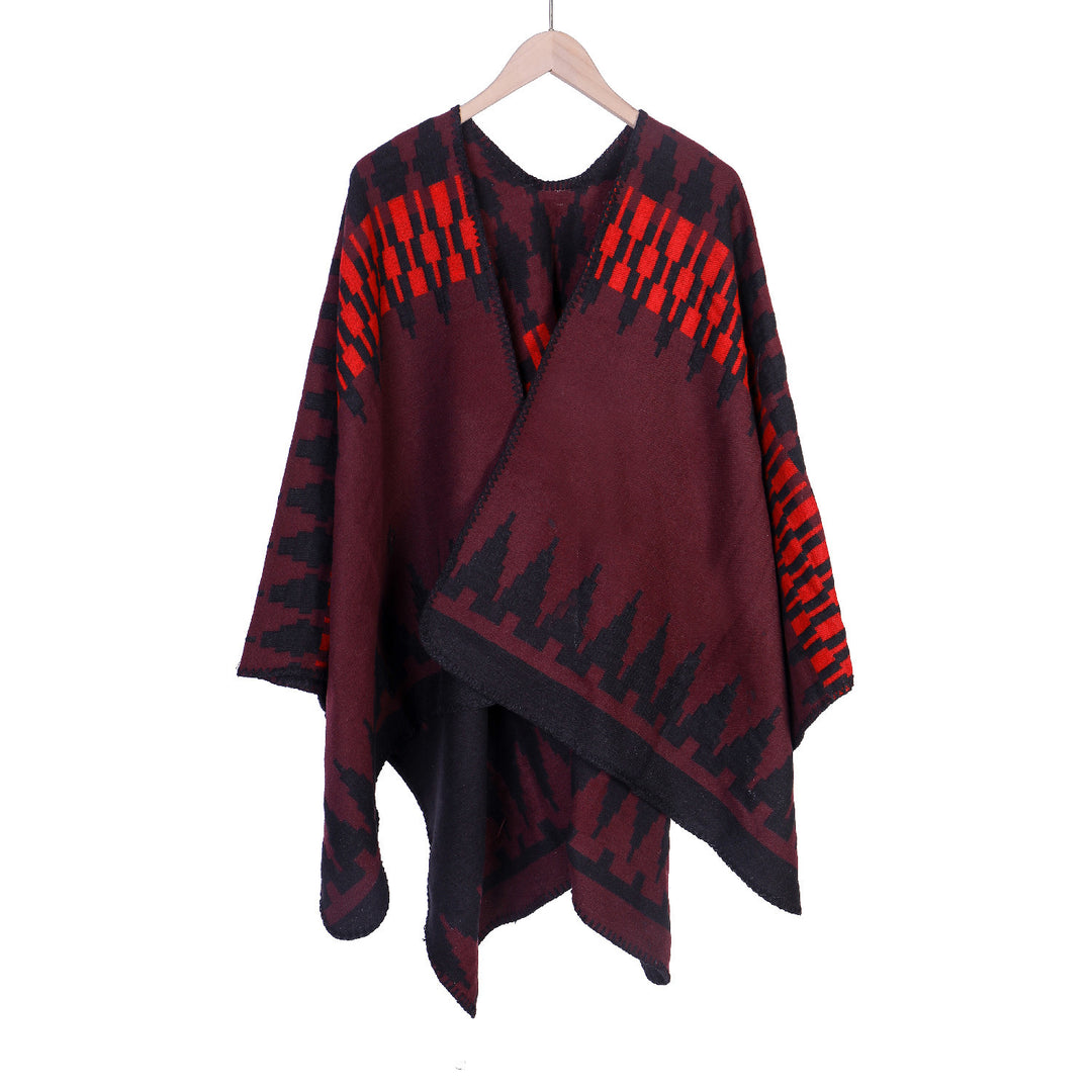 Women's jacquard knit ruana with geometric oversized fall and V-neck Mune Fashion