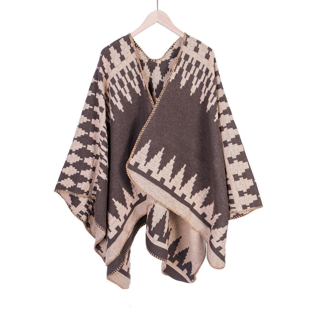 Women's jacquard knit ruana with geometric oversized fall and V-neck Mune Fashion