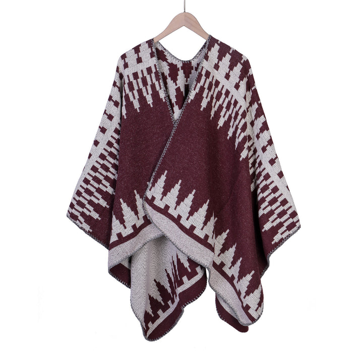 Women's jacquard knit ruana with geometric oversized fall and V-neck Mune Fashion