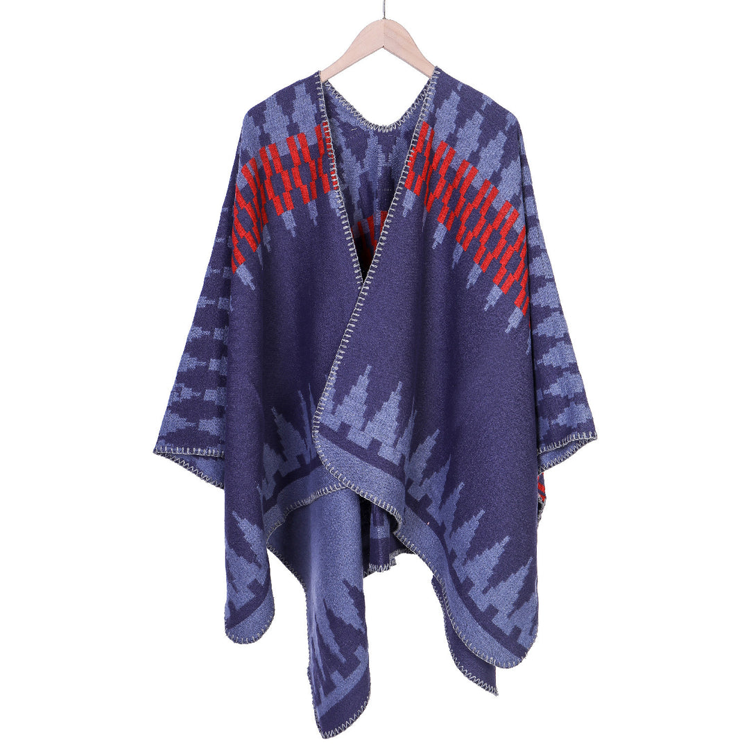 Women's jacquard knit ruana with geometric oversized fall and V-neck Mune Fashion