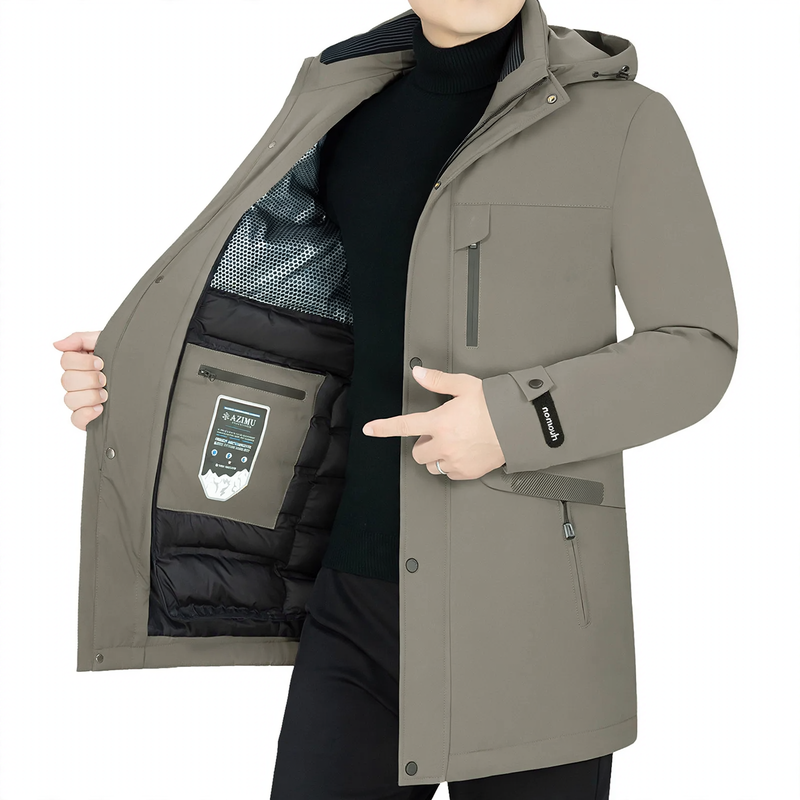 Men's down coat, medium length, with removable inner lining