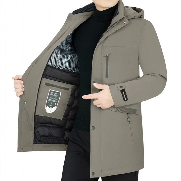 Men's down coat, medium length, with removable inner lining