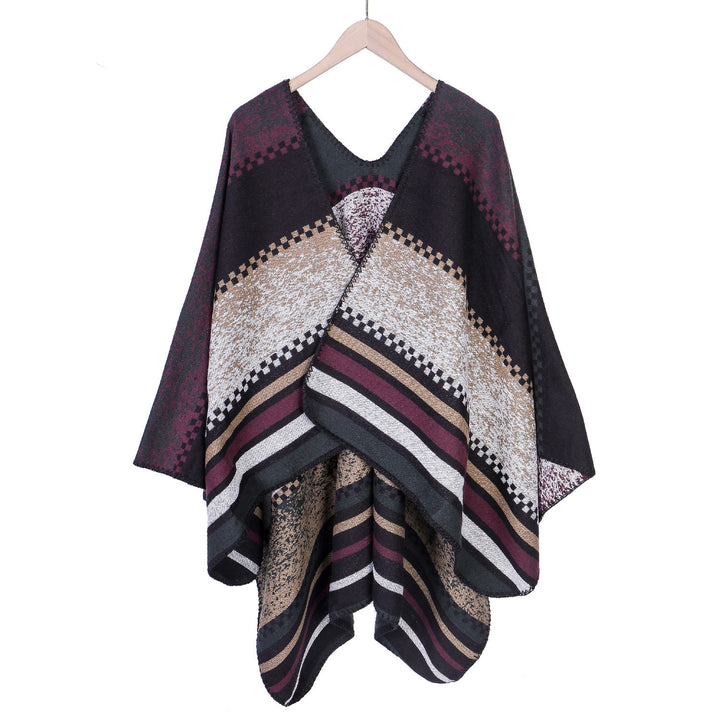 Women's Jacquard Ruana Poncho in Oversize with graphic stripe and ornament pattern Mune Fashion