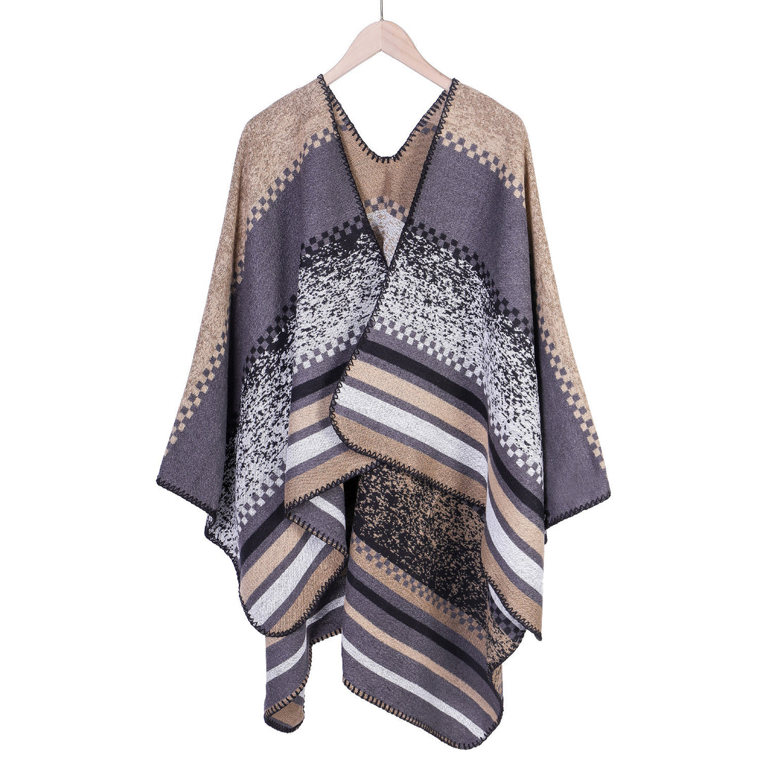 Women's Jacquard Ruana Poncho in Oversize with graphic stripe and ornament pattern Mune Fashion