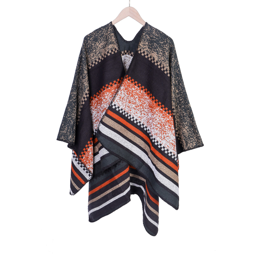 Women's Jacquard Ruana Poncho in Oversize with graphic stripe and ornament pattern Mune Fashion