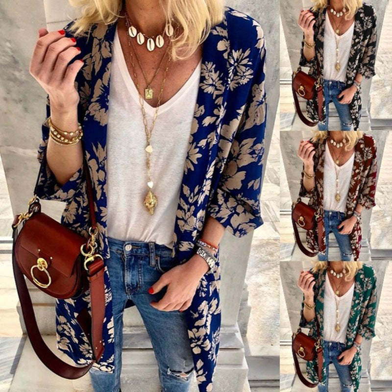 Women's Longer Lighter Kimono Cardigan with Floral Print and 3/4 Sleeves Mune Fashion