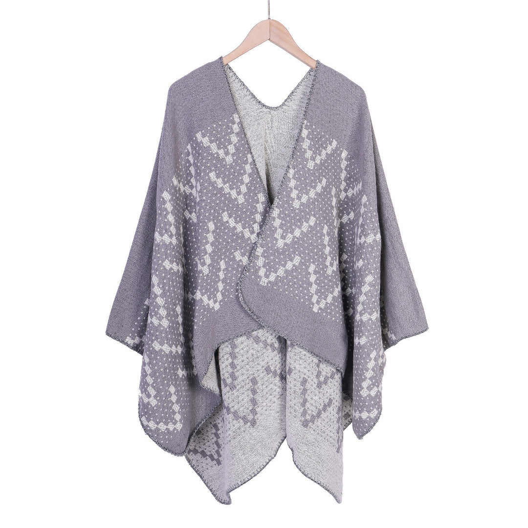 Women's jacquard wrap ruana with geometric pattern and open kimono silhouette Mune Fashion