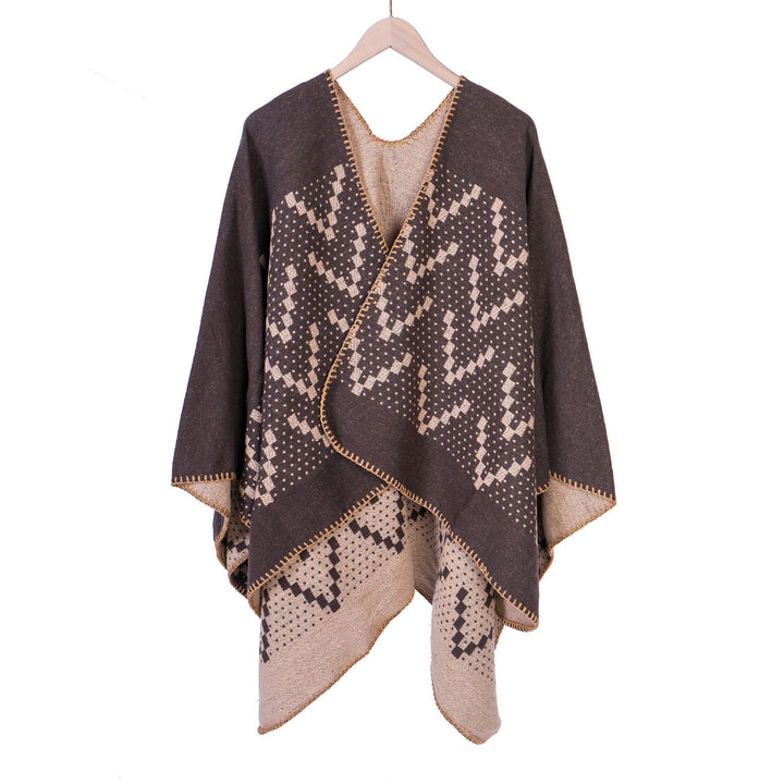Women's jacquard wrap ruana with geometric pattern and open kimono silhouette Mune Fashion