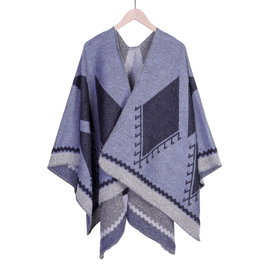 Women's Oversized Ruana in Ethno-Jacquard with V-Neck Mune Fashion
