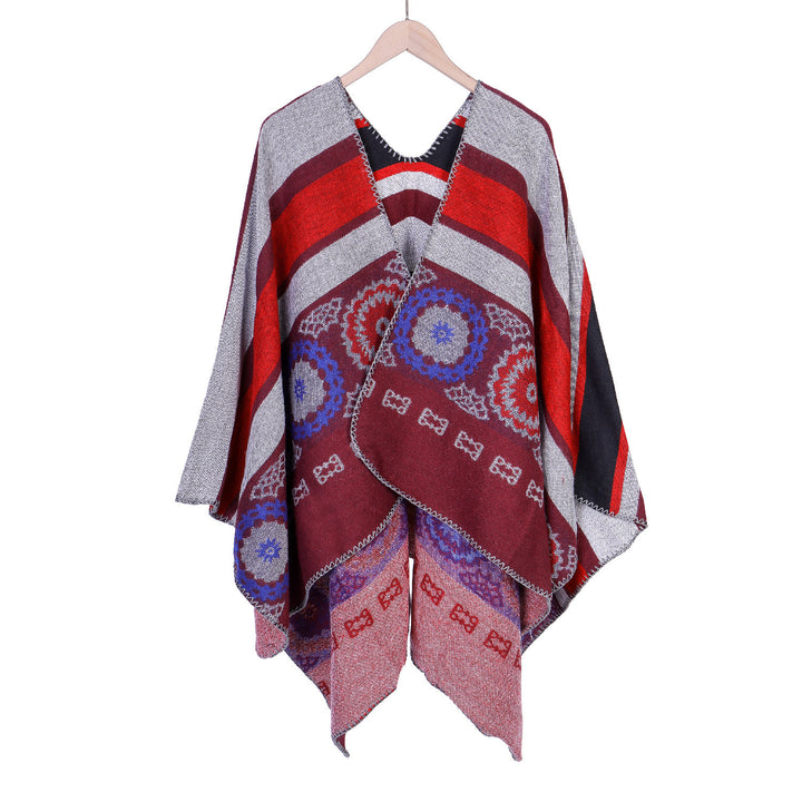 Women Oversize Ruana Poncho with V-neck and ornamental Jacquard weaving Mune Fashion