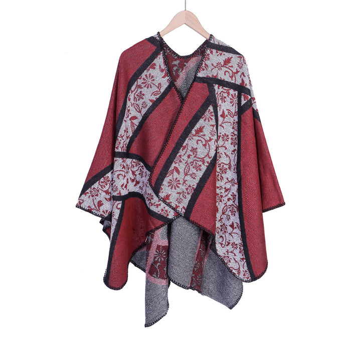 Ladies Jacquard Poncho with Floral Intarsia and Open Ruana Silhouette Mune Fashion