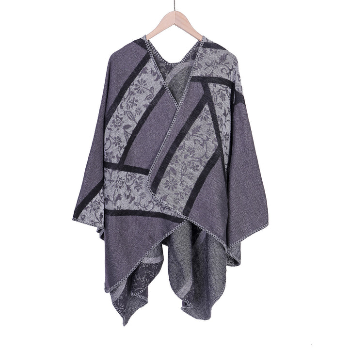 Ladies Jacquard Poncho with Floral Intarsia and Open Ruana Silhouette Mune Fashion