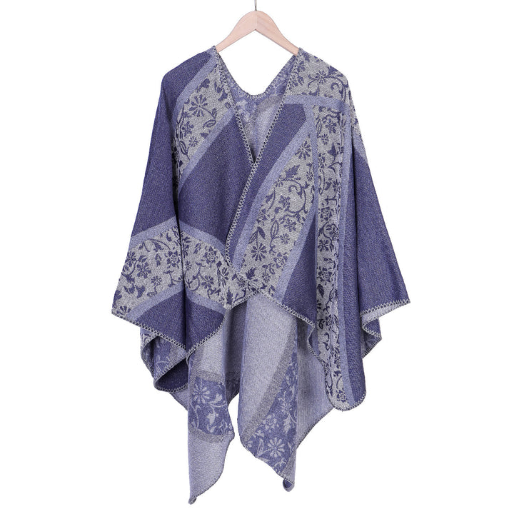 Ladies Jacquard Poncho with Floral Intarsia and Open Ruana Silhouette Mune Fashion