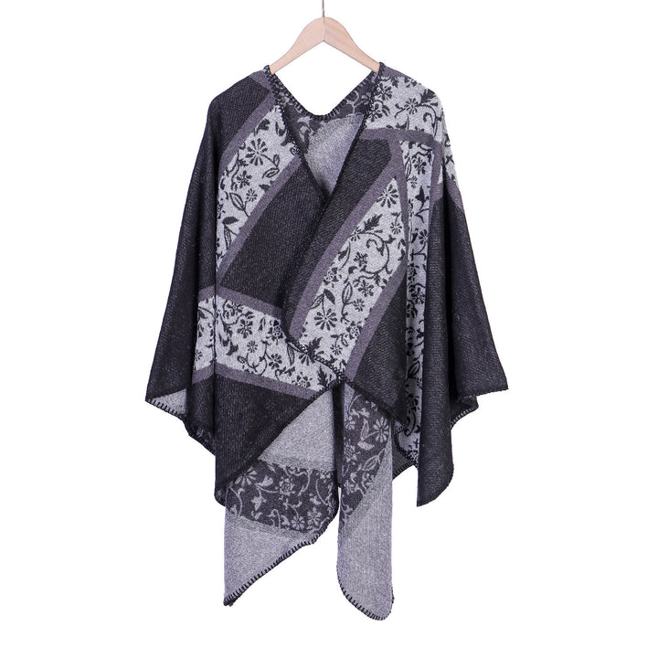 Ladies Jacquard Poncho with Floral Intarsia and Open Ruana Silhouette Mune Fashion